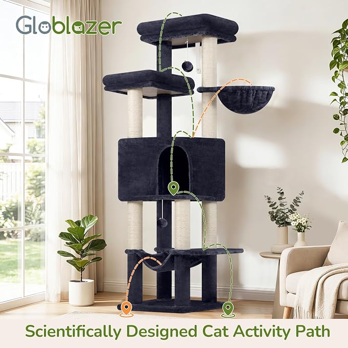 Globlazer F65D Corner Cat Tree Tower with Scratching Posts, Dark Grey | 65in Multi-Level Large Cat Scratching Tower with Hammock, 6 Scratching Posts, Basket and 2 Perches for Indoor Multiple Cats