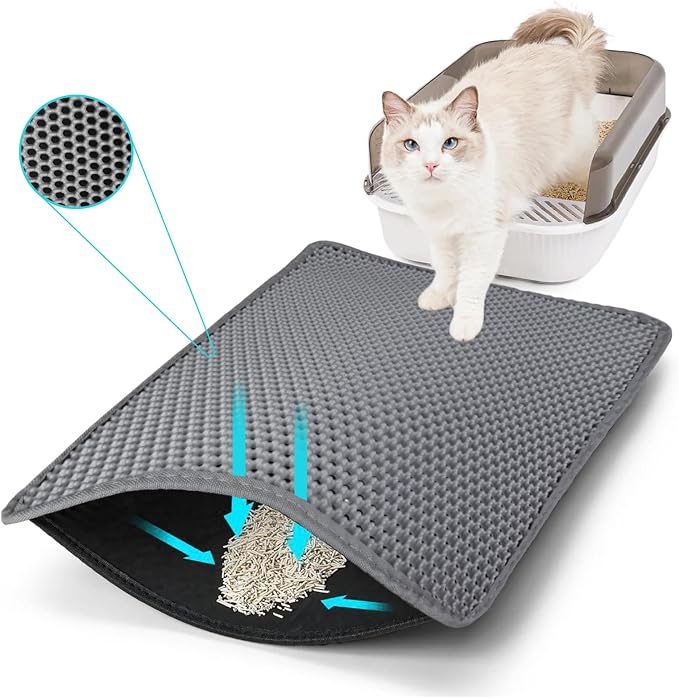Cat Litter Mat 30"x24", Double Layer Waterproof Litterbox Mat, Gray | Non-slip backing, washable for easy cleanup, traps stray litter with waterproof honeycomb large grid that is urine-proof.