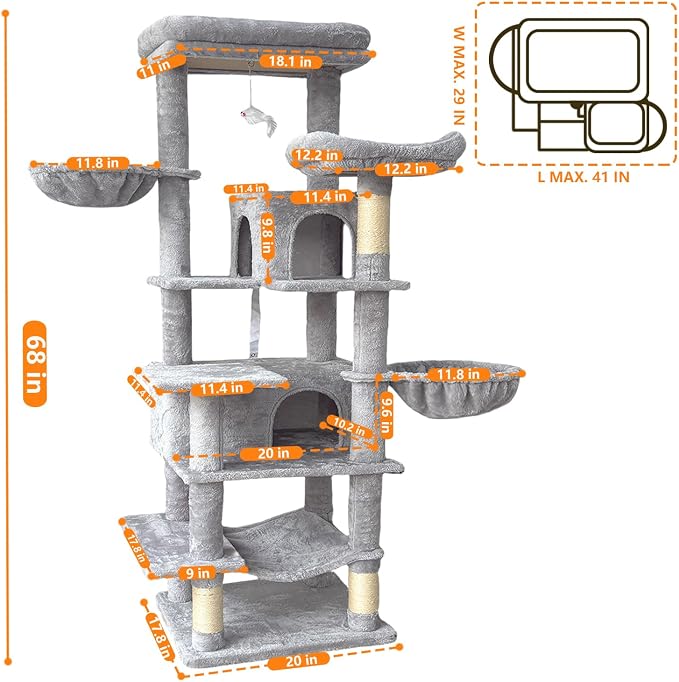 68 Inches Multi-Level Heavy Duty Large and Tall Cat Tree Tower for Indoor Cats/Removable Pad/Cat Condo/Sisal Scratching Posts/Hammock/Cat Activity Center/Wide Base