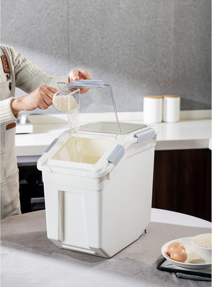 25 Liter / 40 lbs Rice Storage Container with Measuring Cup, BPA free, For Rice | Grain | Pet Food | Flour, 1 count, White