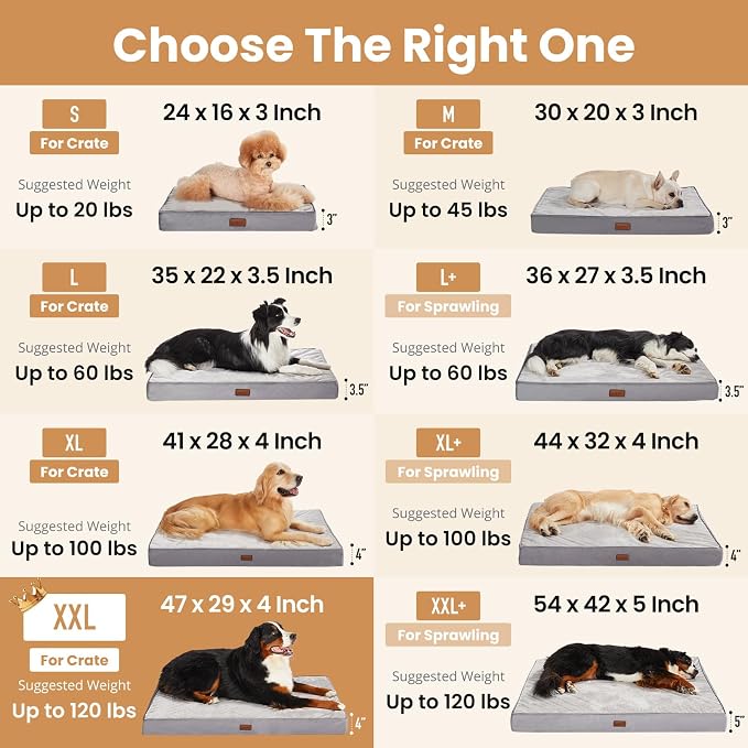 OhGeni Orthopedic Waterproof Dog Bed for Extra Large Dogs, Machine-Washable Removable Cover in Easy-Clean Fabric, Reversible Memory Foam & Easy-Carry Handle, Suitable for Crate, 47 inch (Brown)