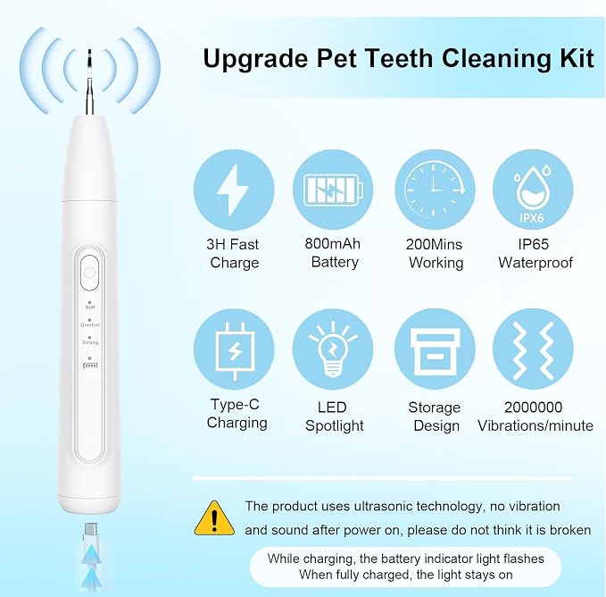 Ultrasonic Dog Plaque Remover Tool, 3 Modes Plaque and Tartar Remover for Dogs, Low Noise Sonic Dog Tartar Remover Dogs Plaque Remover with Toothbrush 2 Cleaning Head for Pet Dental Care, White
