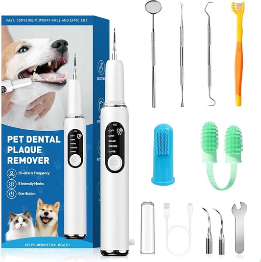 Dog Teeth Cleaning Kit Dog Plaque and Tartar Remover with LED Light 5 Adjustable Modes Electric Toothbrush Pet Teeth Cleaner for Dogs and Cats (Off-White)