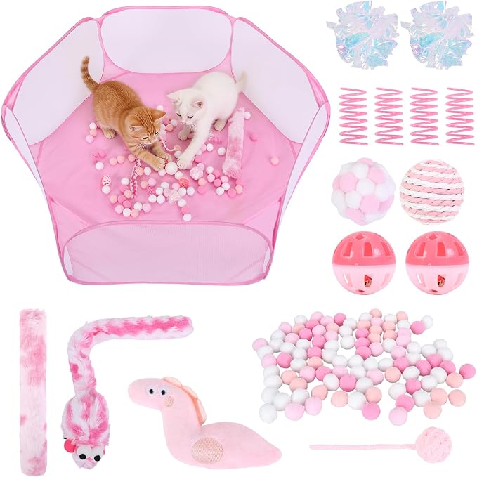 Foxtell Pink Cat Ball Pit Include 115 PCS Interactive Cat Toys for Indoor Bored Self Play Enrichment Toy for Indoor Cats Interactive Fun and Exercise