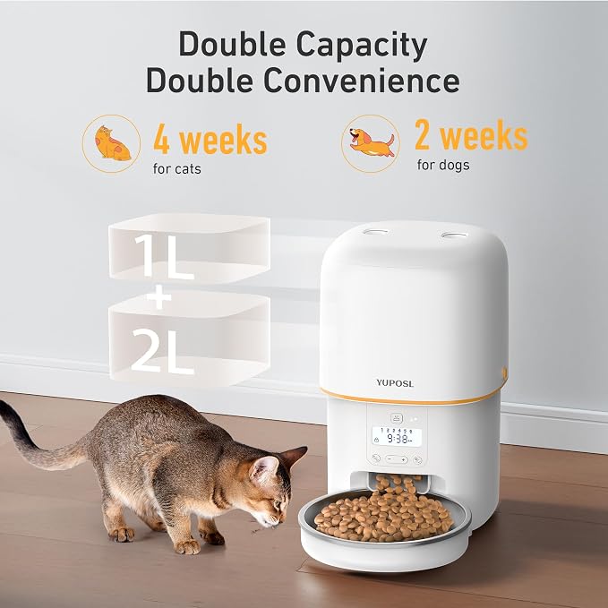 Automatic Cat Feeder, 3L Cat Food Dispenser with Anti-Jam Design, Over 180-day Battery Life, 1-6 Meals Per Day with Stainless Steel Cat Bowl, Keep Dry Food Fresh, Timed Pet Feeder Also for Small Dog