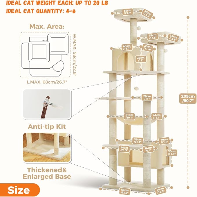 PAWZ Road XXL 81" Cat Tree Large Cats with Big Condos,Perches Sisal Posts | 20"x16" hammock for adult cats, tall cat tower with 7 scratching posts, dual perch and large condo for big maine cats