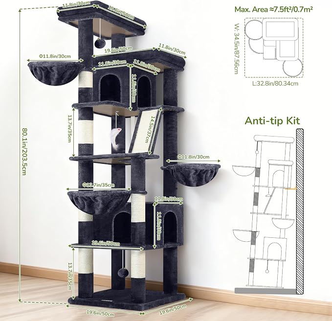 Globlazer 80in XXL Extra Large Corner Cat Tree Tower S80G, Dark Grey | Cat Condo For Indoor Cats Large Adult & Kitten, Scratching Posts & Board, Cozy Caves, Widened Perches, Adjustable Baskets