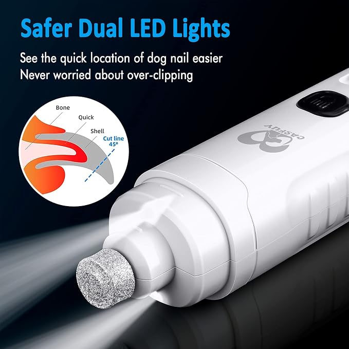 Casfuy Dog Nail Grinder with 2 LED Light for Large Medium Small Dogs - 3X More Powerful 2-Speed Electric Pet Nail Trimmer Rechargeable Quiet Painless Paws Grooming & Smoothing Tool (White)
