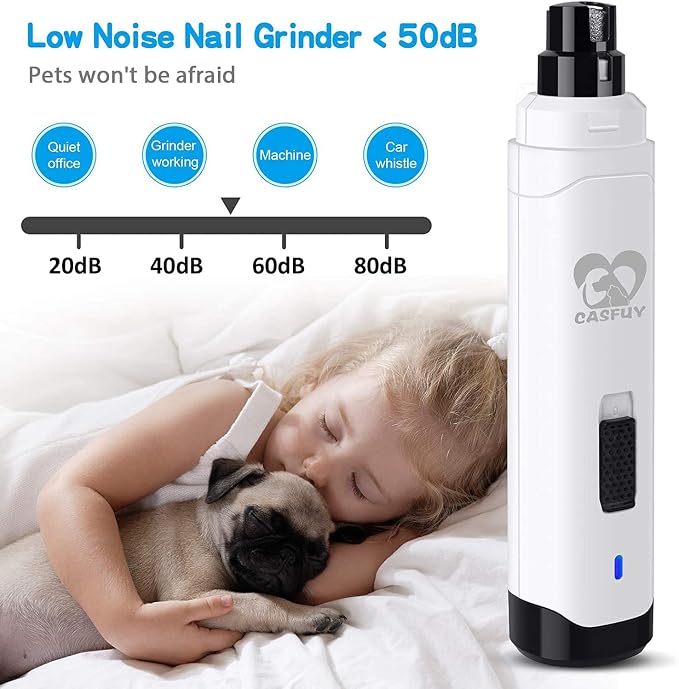 Casfuy Dog Nail Grinder Upgraded - Professional 2-Speed Whisper-Quiet Electric Pet Nail Trimmer Painless Paws Grooming & Smoothing for Small Medium Large Dogs & Cats (White)