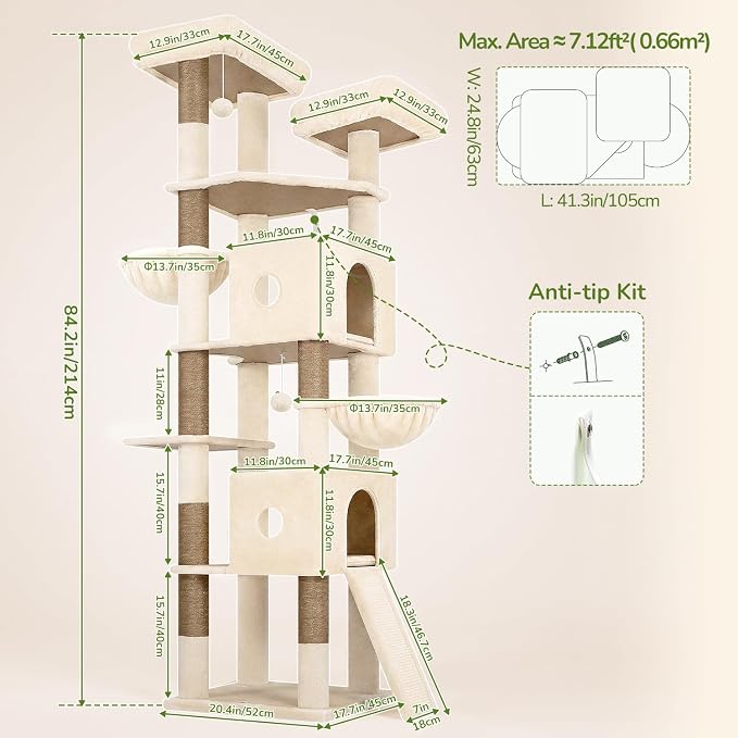 Globlazer 84in Extra Tall Cat Tree Tower for Indoor Large Cats 20lbs, F84G | Multi-Level Big Climbing Tower, 7 Scratching Posts & Board, 2 Cat Condos with Pad, 2 Soft Perches, 2 Sturdy Baskets, Beige