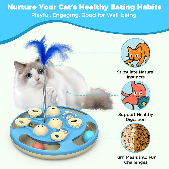 3 in 1 Cat Treat Puzzle Feeder, Level 3 Interactive Cat Puzzle Toy with Track Balls, Feather Teaser & Slow Feeder Insert, Non-Slip Base, Mental Stimulation for Bored Indoor Cats, Blue