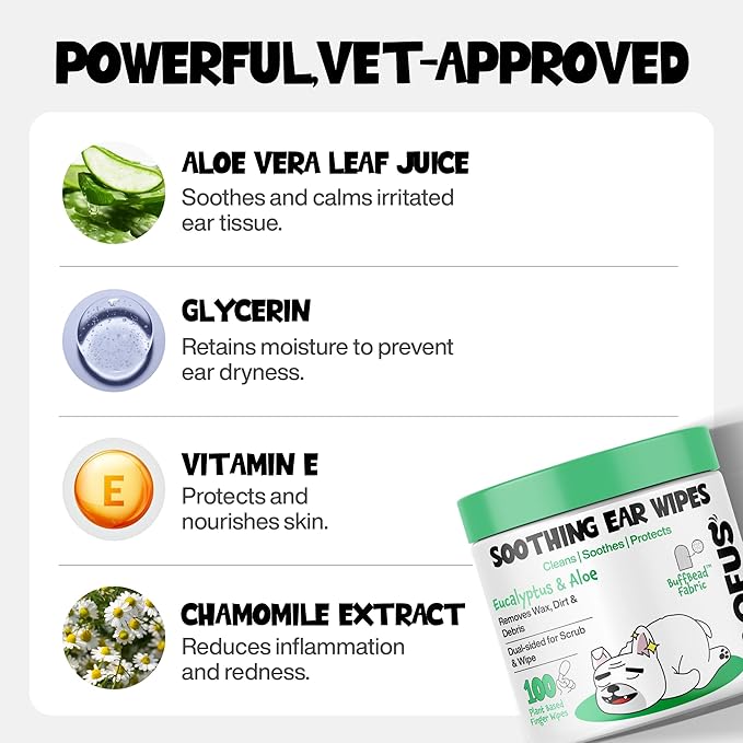 Dog Ear Wipes 100 Count - Vet Ear Cleaner for Dogs & Cats | Removes Wax, Dirt & Odor - Soothes Itching - Ear Cleaning - Vet-Recommended Pet Ear Wipes for Dogs, Cats & Puppies