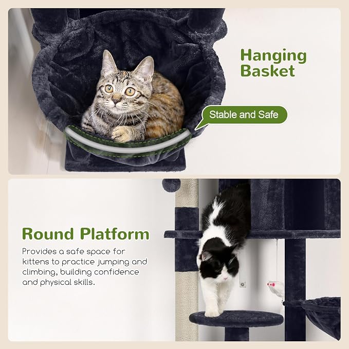 Globlazer Cat Tree Tower for Multiple Adult Cats, 82in, F82, Dark Grey | XXL Tall Cat Tree Tower for Indoor Cats with Scratching Post, 3 Perches, 2 Condos, 2 Hanging Baskets