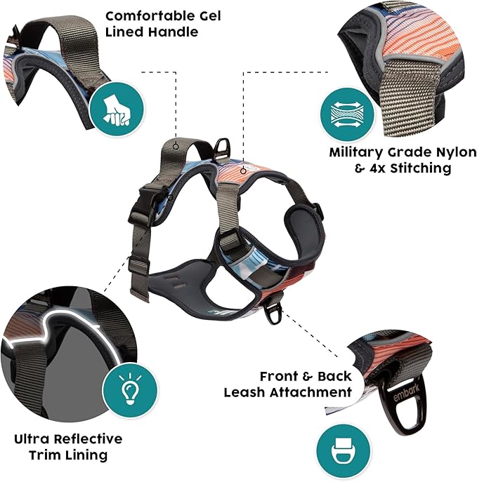 Embark Adventure Large Dog Harness – No-Pull, Reflective Trim, Military-Grade Nylon, Front Clip with Gel-Lined Handle