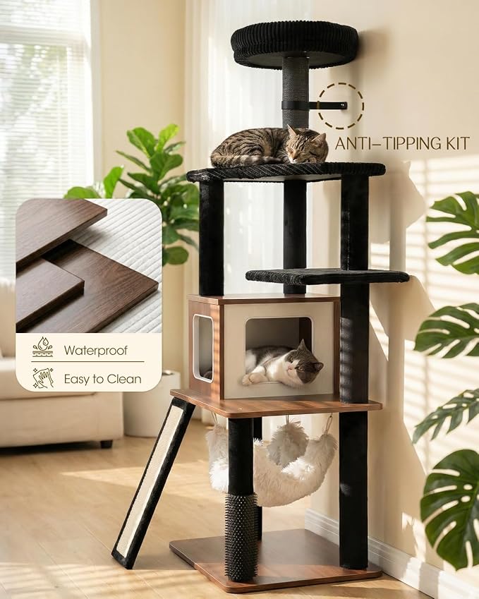 61" Modern Cat Tree, Tall Cat Tower with Self-Grooming Brush | Removable Washable Cushion, Pyramid Anti-Tip Base, Cat Furniture, Cozy Cat Condo, Sisal Scratching Post, Multi-Cat Household