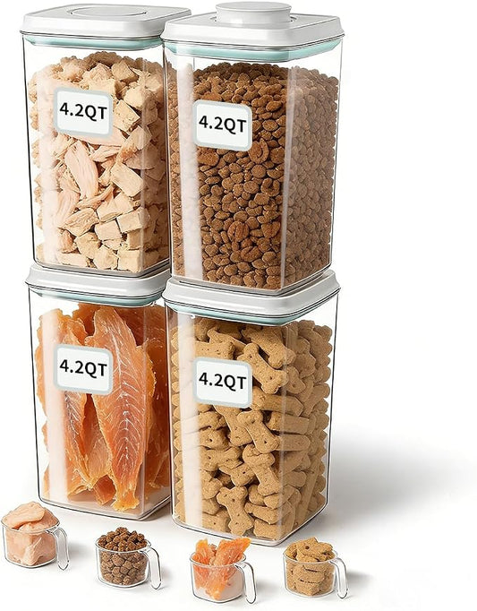 Dog Food Storage System with One-Touch Lid, (4 ×4.22 QT / 4.0 L) Best Value BPA-Free Cat Food Storage Container，Stackable Durable PET with 130ml Scoop, for Complete Kibble & Supply Organization