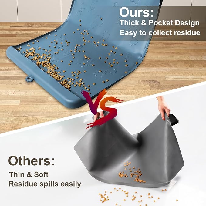 Dog Food Mat - Silicone Dog Mat for Food and Water - 36" x 24" Large Pet Feeding Mats with Residue Collection Pocket - Waterproof Dog Cat Bowl Mat with High Edges to Prevent Water Food Spills
