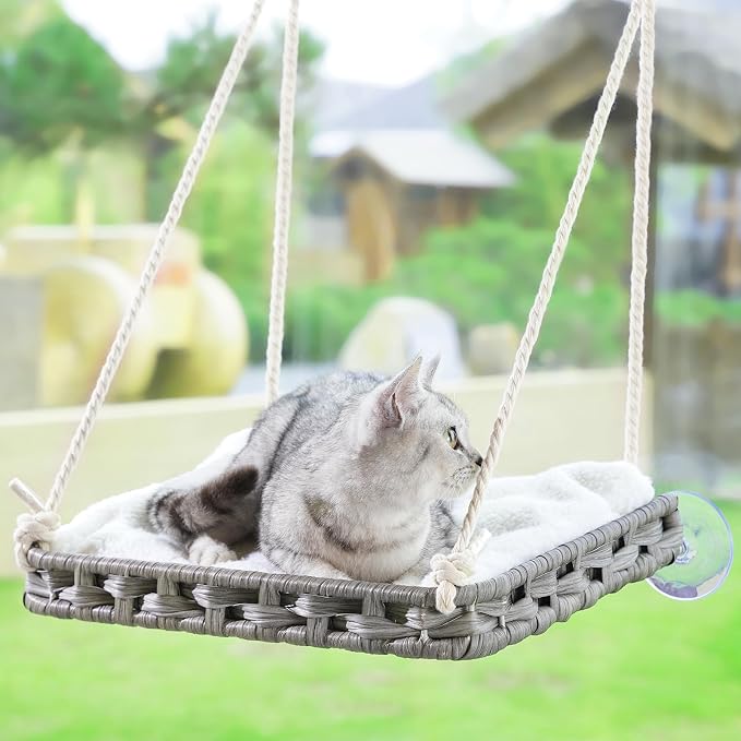 SETVSON Cat Window Perch, Cat Window Hammock Bed for Indoor Cats, Gray | Handwoven PE Rattan Window Seat, 4 Strong Suction Cups, Removable Cat Cushion, 2.3 Inch Fence Shelf, Easy Cat Hair Cleaning