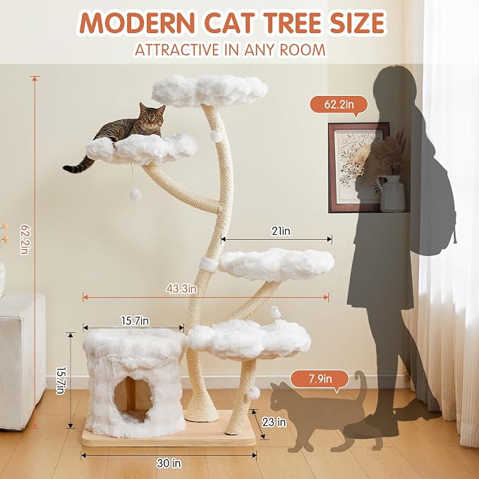 Modern Cat Tree 62" Tall, Cat Tower for Multiple Small Large Cats with Scratching Post, Multi-Level Luxury Aesthetic Cat Condo