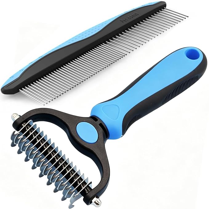 Dog Deshedding Rake for Shedding, Double-Sided Grooming Tool for Dogs & Cats, Gentle Skin-Friendly Pet Brush for Long and Short Hair Breeds, Removes Loose Hair and Keeps Coats Healthy (Brush & Comb)