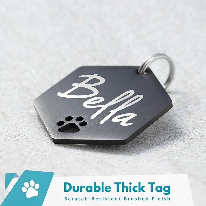 Ultra Joys Dog Tags Personalized for Pets - Hollow Paw Custom Pet ID Tag - Engraved Dog Tag for Small, Large Dogs - Small Hexagon in Black