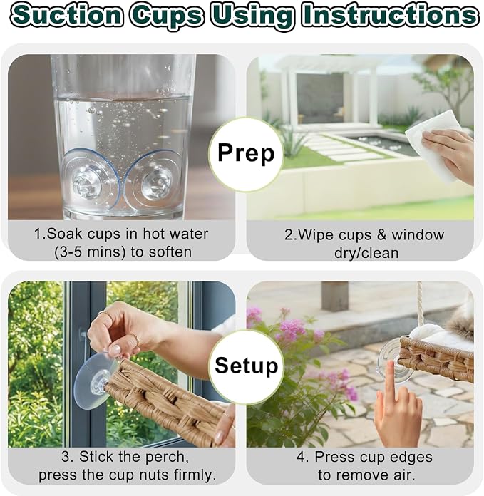 Cat Window Perch with 4 Strong Suction Cups,PE Rattan Basket Hammock with Soft Washable Plush Cushion,Cozy Hammock Perches for Large Indoor Cats Kittens Sunbathing Bird Watching