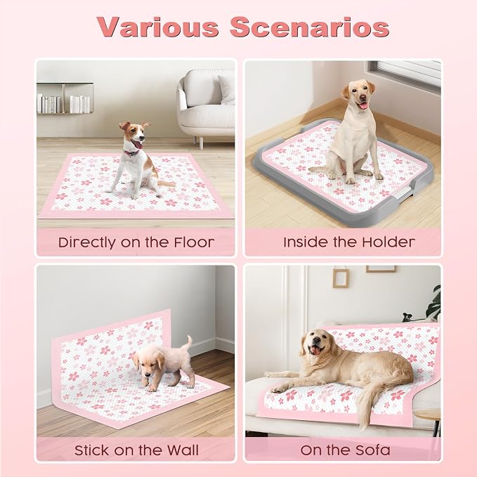 MIZOK Dog Pee Pads Extra Large 28"x34", Potty Pads for Big Dog Breeds, Super Absorbent & Leak-Proof, Pink Cherry Blossom Prints, Thick & Heavy, 4-Corner Adhesive Tabs, XL (50 Counts)