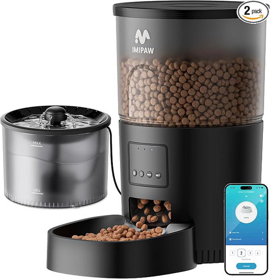 IMIPAW Automatic Cat Feeder 5G WiFi and Water Dispenser, Timed Dry Food Dispenser APP Remote Control, Programmable Portions, with Desiccant, Cat Fountains for Drinking with Filter, Small Pets (Combo)