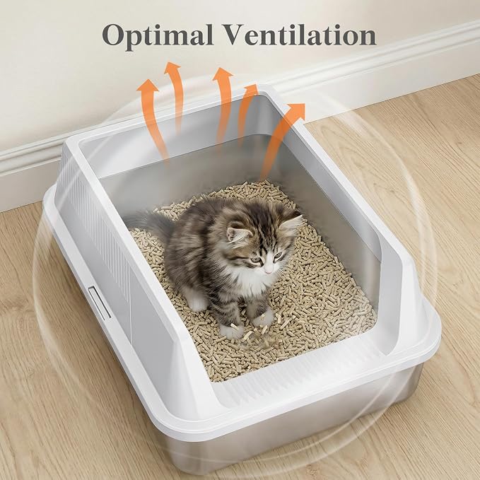 Lifewit Small Stainless Steel Cat Litter Box, Metal Kitty Litter Tray with Non-Slip Pads, Anti-Leakage Top Entry and High Sided, Grey