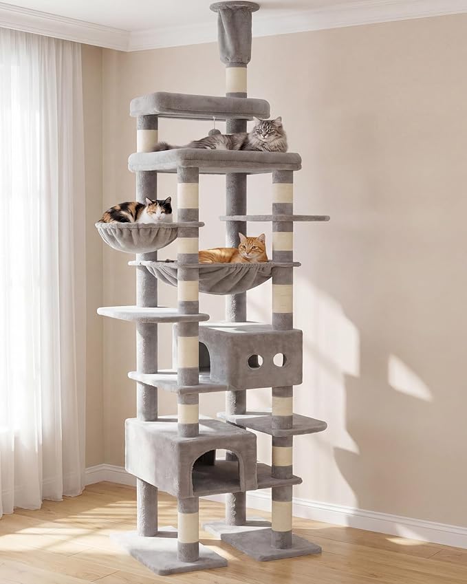 Heybly Floor to Ceiling Cat Tree, 104.7"-116.5" Height-Adjustable HCT92W | Expanded Wide Cat Climbing Tower with Wide Perch, 2 Spacious Cat Condos & 15 Scratching Posts for Indoor Cats, Light Gray