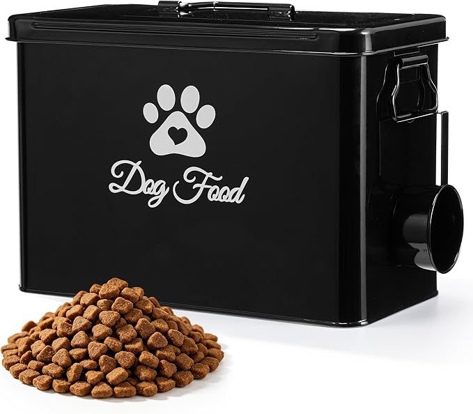 Dog Food Storage Container, Cute Airtight Pet Food Storage Containers with Metal Lid Scoop, 9-12 Lb Large CapacityDog Treat Snack Jar, Black Container Bin for Kitchen Counter Pantry