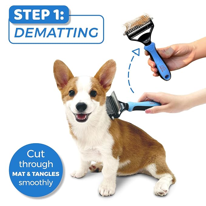 Grooming Brush for Dog/Cat with 2 Sided Grooming Brush for De-Shedding, De-Matting Reduces Shedding up to 95%, Great Short to Long Hair (Blue, Large)