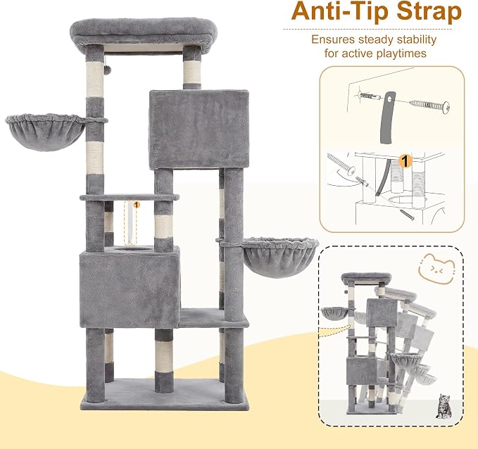 Heybly 68.1" Cat Tree with Oversized Top Platform & Wide Base HCT059W | Heavy Duty Cat Tower for Large Indoor Cats with 2 Condos, 2 Hammocks, 10 Sisal Scratching Posts, Stable Cat House, Light Gray