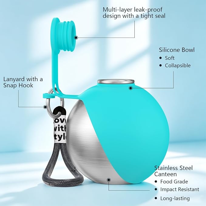 2 in 1 Dog Water Bottle with Bowl, 10oz Stainless Steel Travel Pet Water Dispenser, No-Spill Leak-Proof Design with Silicone Bowl, Compact Pet Drinking Bowl for Puppies Outdoor (Blue)