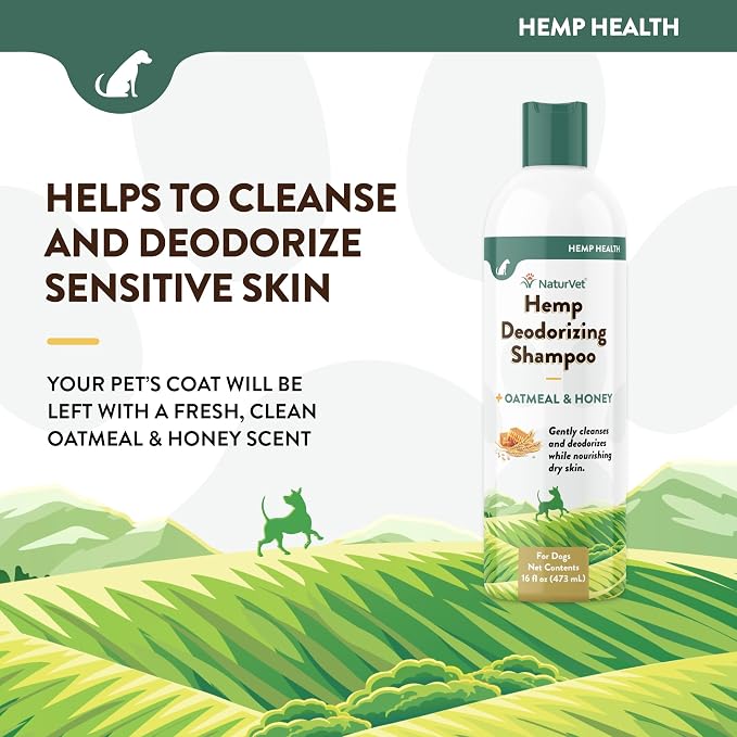 NaturVet Hemp Deodorizing Shampoo for Dogs - Plus Oatmeal & Honey – 16 oz | Gently Cleanses & Deodorizes Skin & Coat, Enhanced with Hemp Seed Oil, Coconut Oil & Aloe Vera Extract