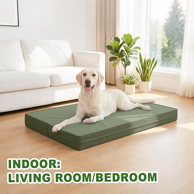 Vonabem Outdoor Dog Bed Waterproof Washable, XL Large Dogs Crate Pad 42 inch, Wipeable Leather Pet beds, Foam Anti-Slip Kennel Pads with Removable Cover Reversible, 41"x27" Green