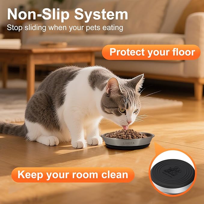4 Pcs Whisker Friendly Cat Bowls, 304 Stainless Steel Food Water Bowls with Non-Slip Silicone Base, Dishwasher Safe Shallow Bowls for Cats Kittens Small Dogs, Indoor Outdoor Use