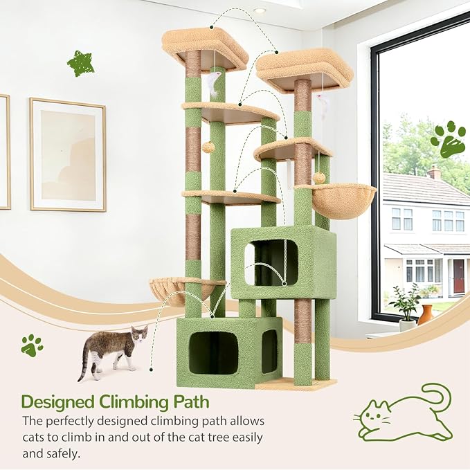 Globlazer S74E Pro Cactus Heavy Duty Maine Coon Cat Tree for Large Cats | 74in Sturdy Multi-Level Tall Cat Tree Tower for Indoor Adult Cats with Scratching Posts, 2 Cat Condos, 2 Top Perches