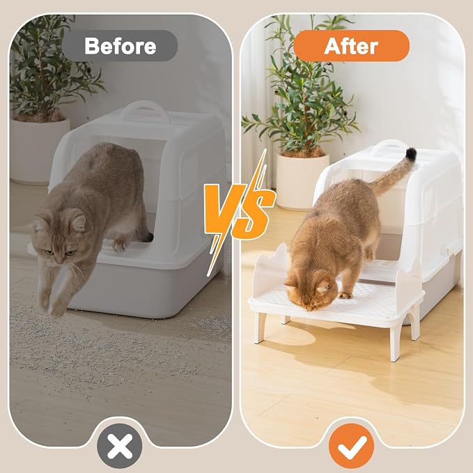Uross Cat Litter Box Step, Extra Large Litter Box Ramp/Stairs with Detachable Splash-Proof Side Baffles, Anti-Tracking Litter Catcher, Easy to Clean, Non-Slip Step for Small & Elderly Cats (White)