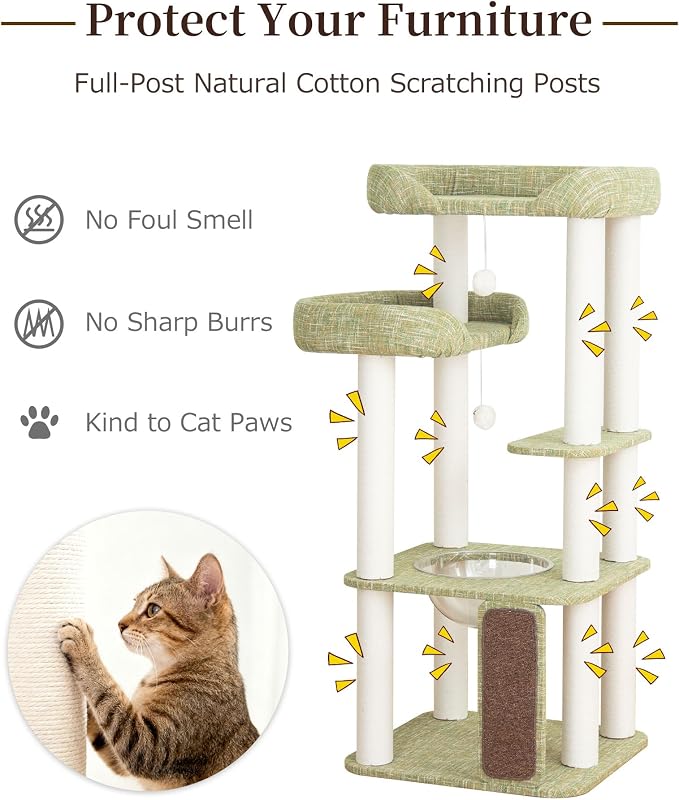53'' Cat Tree for Large Cat, Modern Senior Friendly Cat Tower with Wide Shelves Low Step, Cotton Scratching Posts, Super Sturdy Base, Cozy Perches, and Interactive Toys (Green)