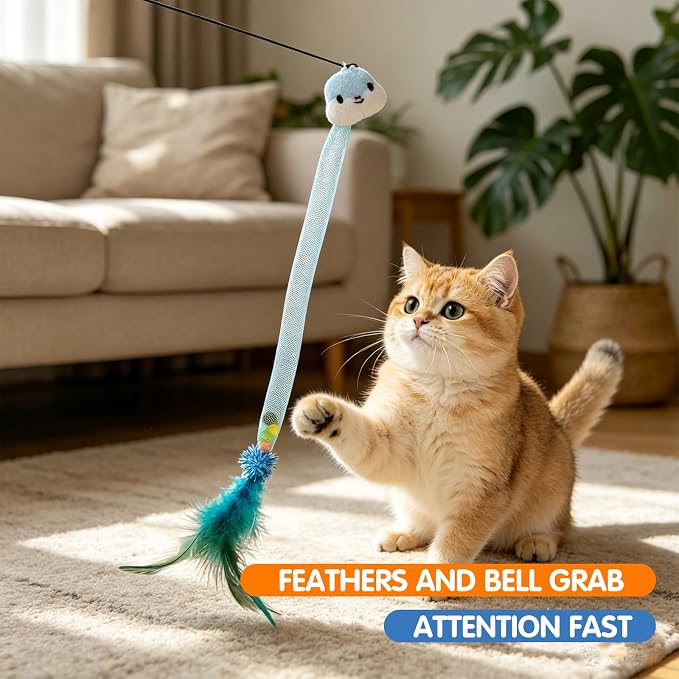 Cat Feather Toys 4 Pack for Indoor Cats – Interactive Cat Teaser Toys with Bell, Pom-Pom & Flexible Snake Tube, Fun Kitten Toys for Hunting, Chasing & Exercise