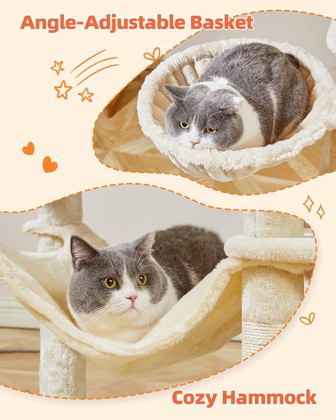 Taoqimiao Cat Tree, 67 in Tall Cat Tower with 2 Plush Cat Condos | 7 Scratching Posts, 2 Top Perches, Cozy Hammock & Basket, Indoor Cats, 2 Pompoms & Mouse Toy, Beige, MS013M