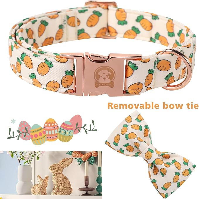 ·MR. CHUBBYFACE· Easter Dog Collar with Bowtie, Cute Carrot Easter Dog Collar with Metal Buckle,Adjustable Soft Pet Collar for Small Medium Large Dogs