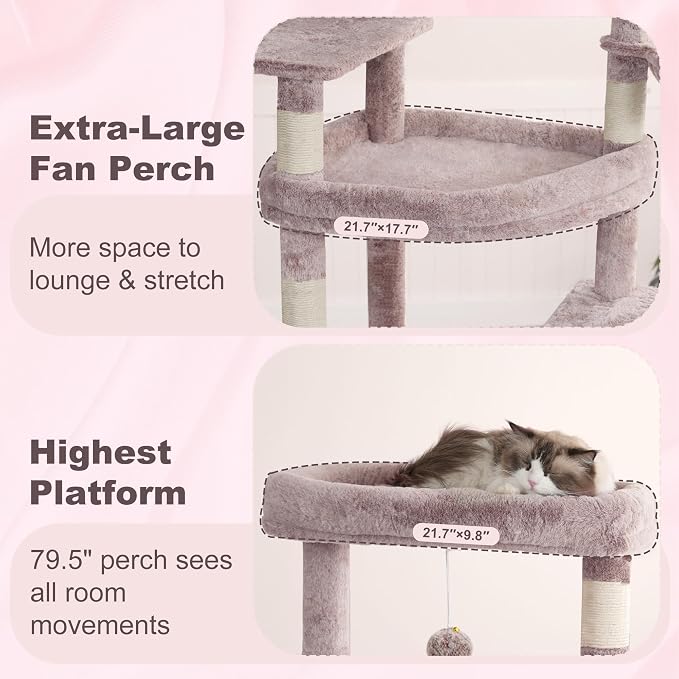 Heybly Tall Cat Tree for Large Cat, 80-inch Multi-Level Cat Tower HCT038MU | Condo Furniture for Indoor Cats with Large Baseboard, 2 Widened Plush Perches, Scratching Board, Big Caves, Rosy Brown