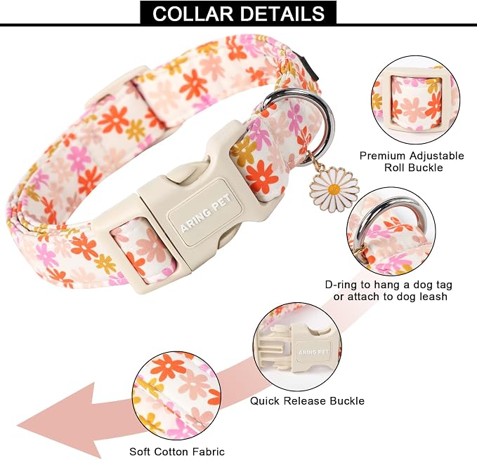 ARING PET Spring Summer Dog Collar-Cute Floral Doggy Collar for Small Dogs, Adjustable Cotton Sunflower Pet Collars Puppy Collar for Small Medium Large Dogs