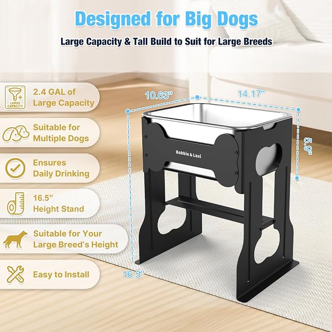 2.4 Gallon Elevated Large Dog Water Bowl,16" Raised Stainless Steel Bowl with Stand for Large Breed, Full Metal Dog Feeding Station for Relief Joint Pressure, Easy Clean for Indoor & Outdoor Uses