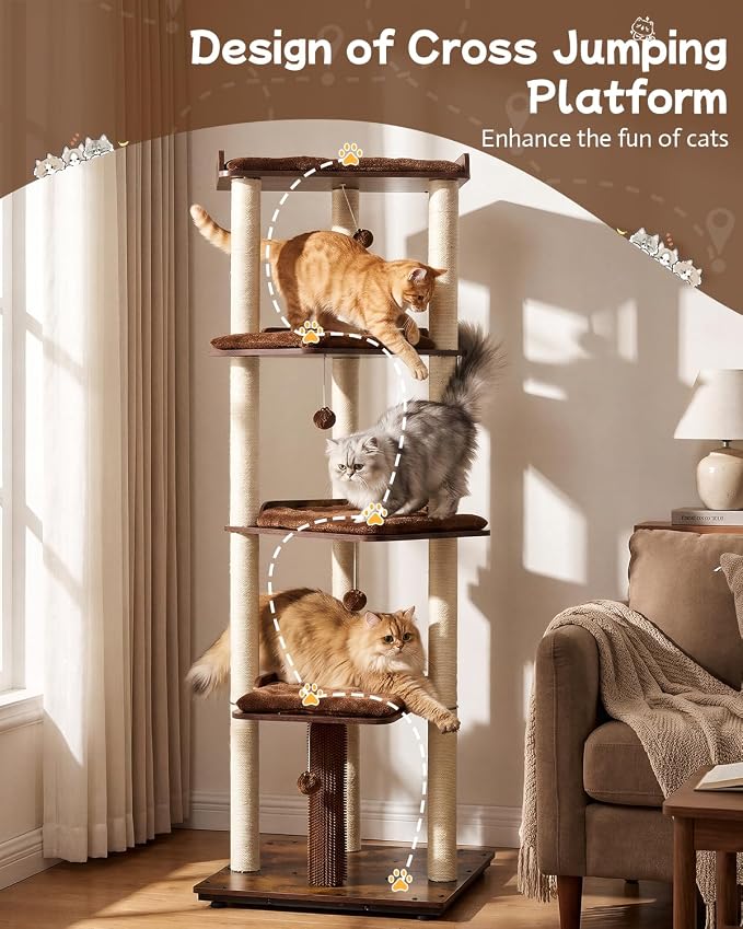 Heavy Duty Cat Tree, 67.7" Cat Tree for Indoor Cats Large Adult, Modern Cat Tower for Large Cats, Cat Tower with Scratching Post, Large Perch and Removable Pads, Rustic Brown
