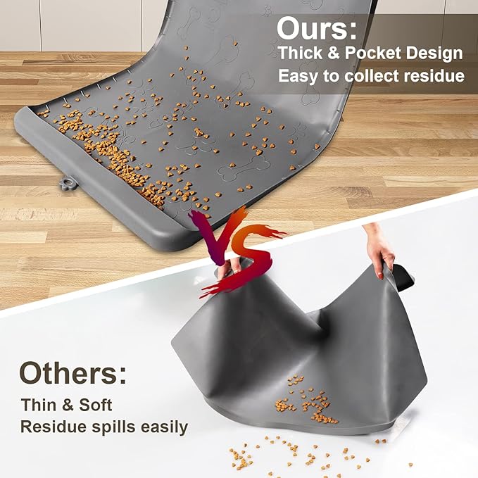 Dog Food Mat 36"x24" - Silicone Dog Mat for Food and Water Large Pet Feeding Mats with Residue Collection Pocket - Waterproof Dog Cat Bowl Mat with High Edges to Prevent Water Food Spills (Gray)
