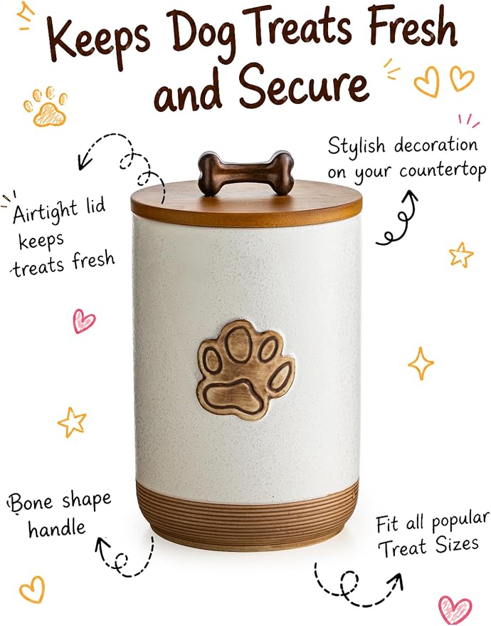 Miamolo Dog Treat Container, Airtight Dog Food Storage Container with Lid and Handle, Ceramic Pet Food Storage Jar for Kitchen Counter Farmhouse Dog Biscuit Jar, Dog Lovers Gift, Paw Glinting White