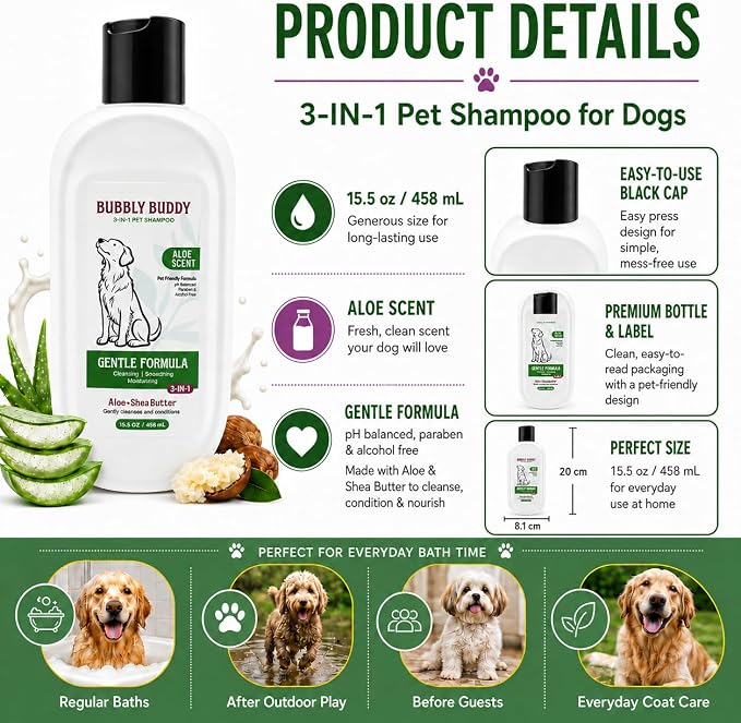 3-in-1 Pet Shampoo for Dogs, Aloe Scent Dog Shampoo and Conditioner with Aloe, Shea Butter, Colloidal Oatmeal, Jojoba Oil & Vitamin E, pH Balanced Cleansing, Smoothing & Moisturizing, 15.5 fl oz